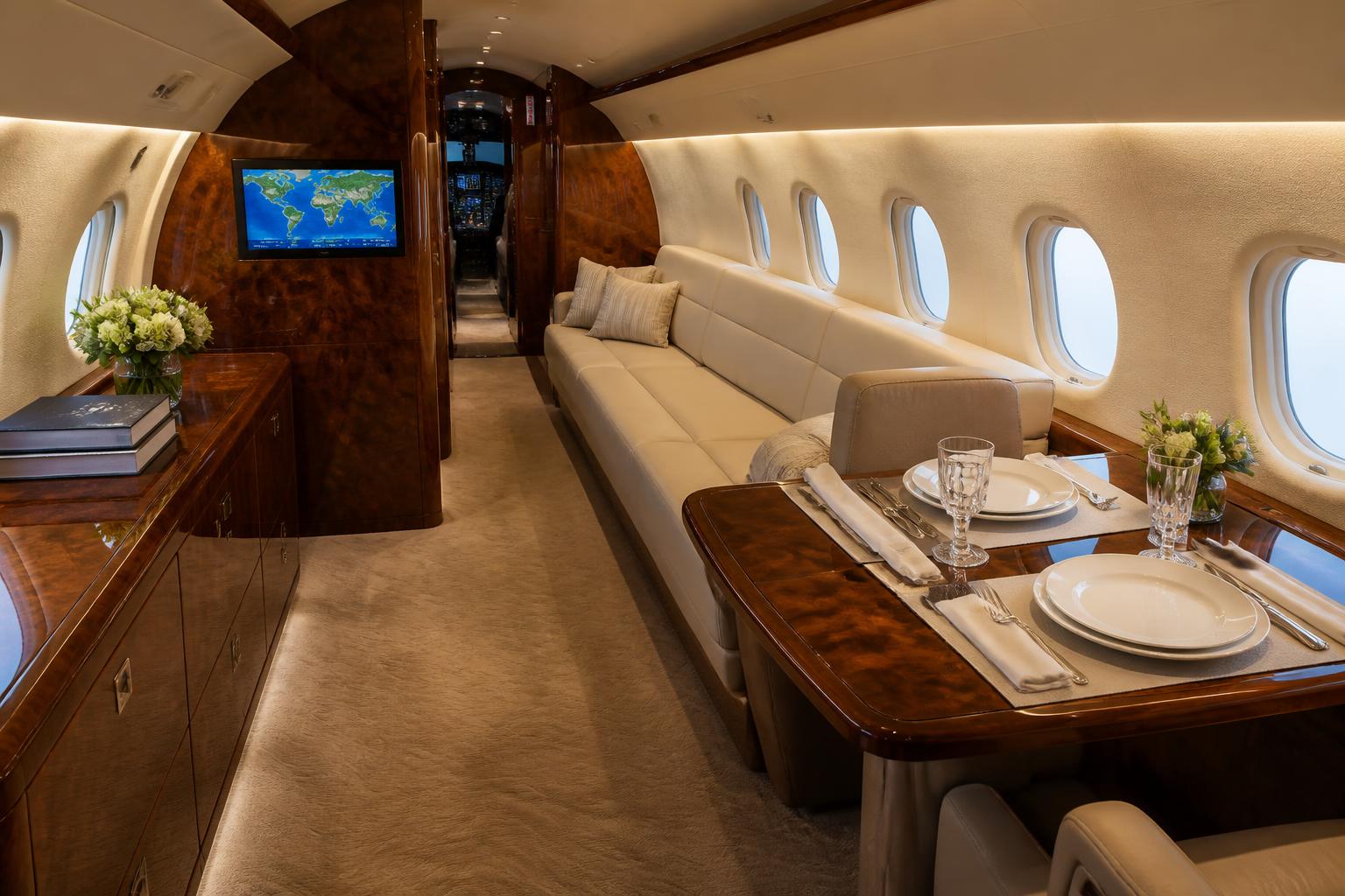 Gulfstream V aft lounge with side divan and burl walnut dining table set for two