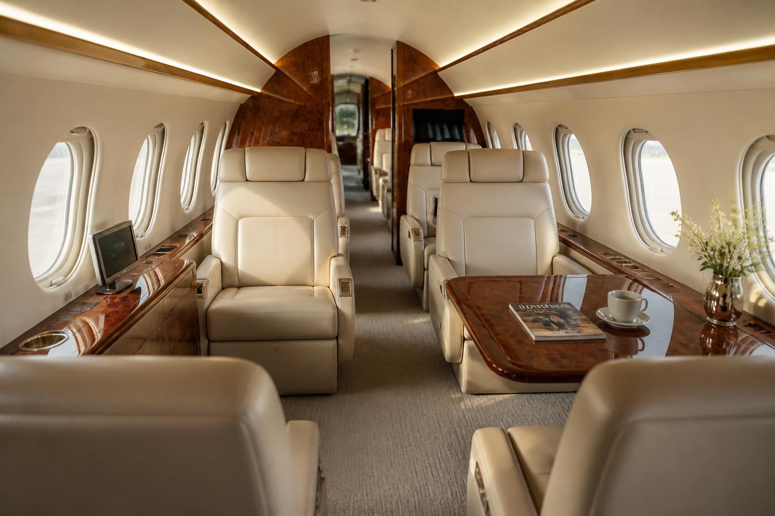 Gulfstream V main cabin with cream leather club seating and burl walnut tables