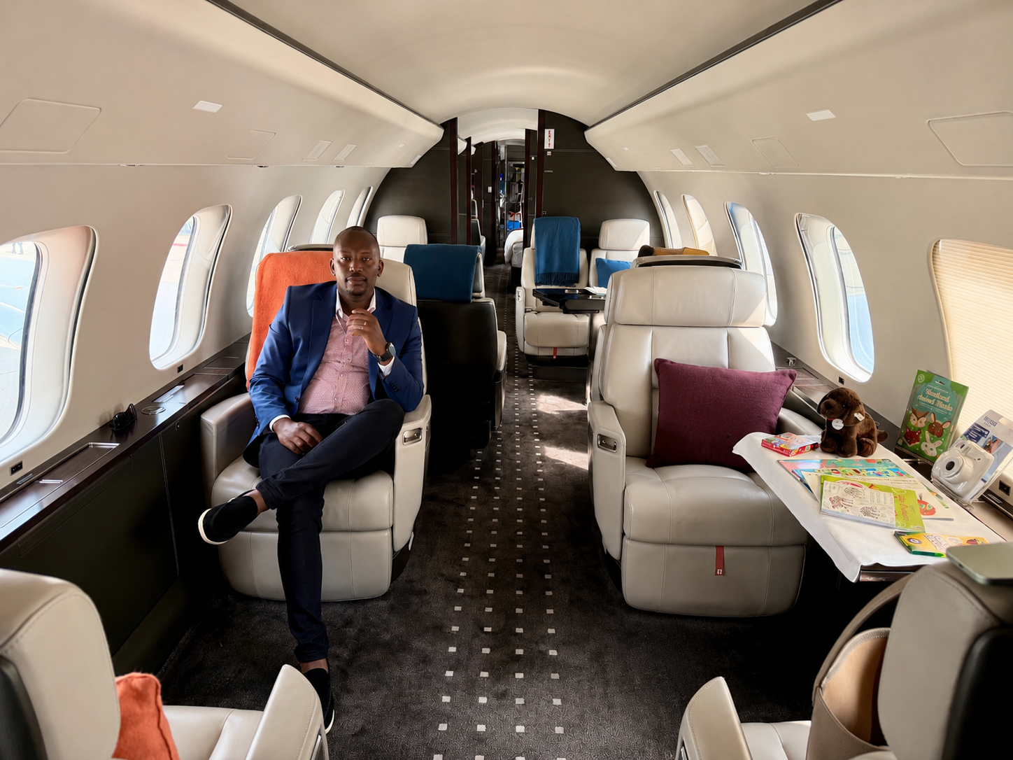 Dan Njoroge, founder of Lesus Private Jets, on board a VistaJets Global 7500